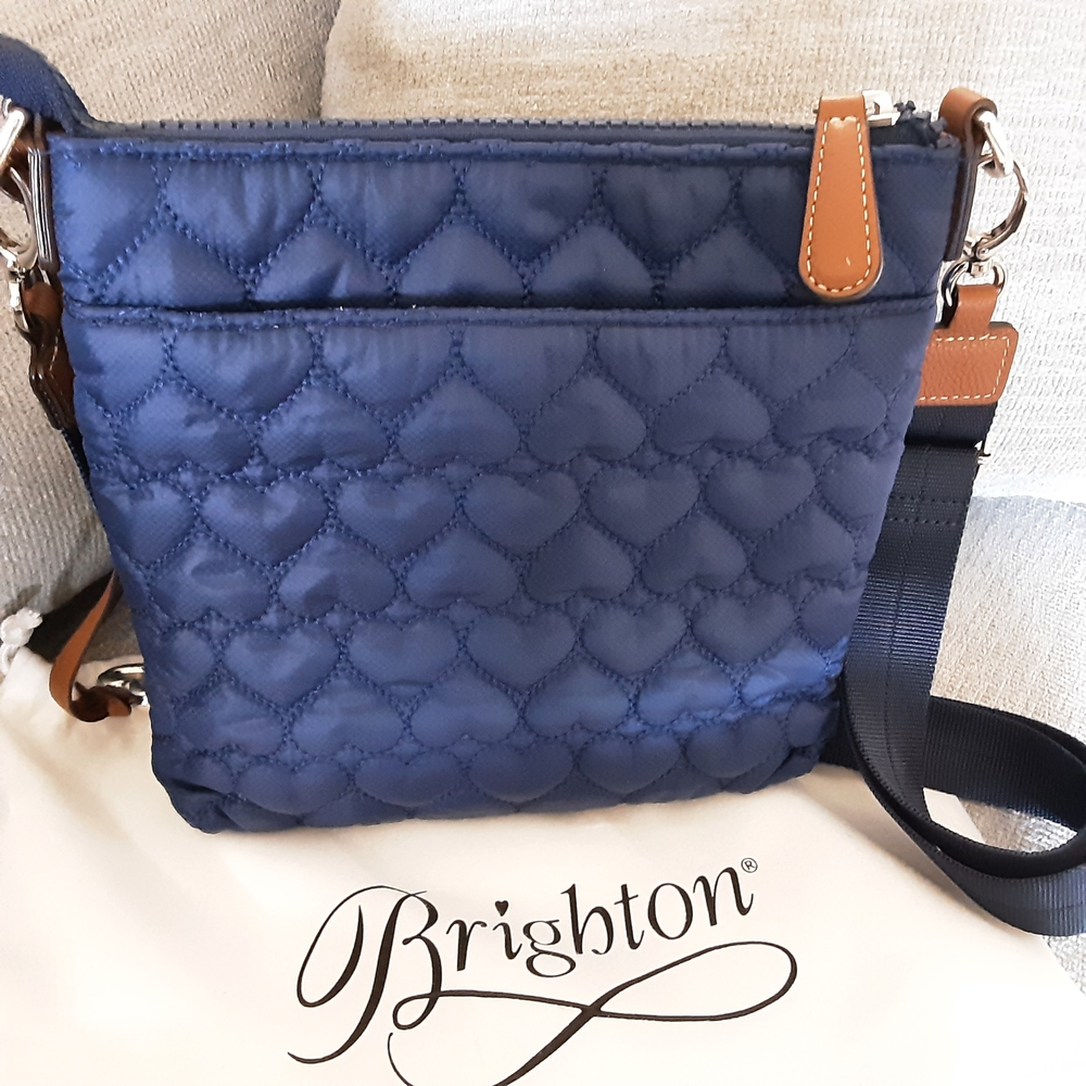Brighton Quilted Navy Crossbody Tan Trim & Heart Charm - Picture 2 of 11